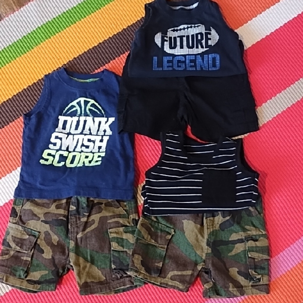 Bundle Of 6 Kids Sleeveless Graphic Tees And Shorts 6-9 Months EUC.